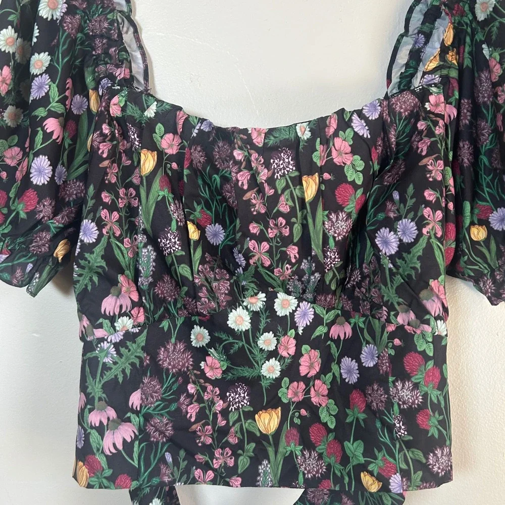 CIDER Black Floral Print Off Shoulder Puff Sleeve Tie Front Crop Top 3XL‎